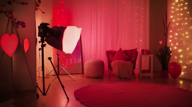 Valentine's Day inspired photography studio setup with soft pink and red lighting featuring a professional camera tripod and cozy props creating a romantic atmosphere for portraits