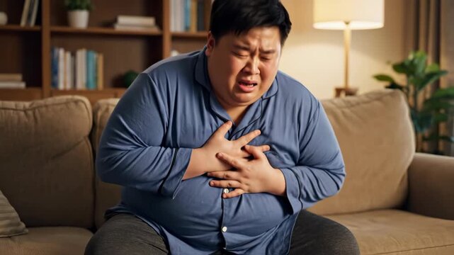 Asian man having a heart attack while sitting on sofa in living room. Patient feeling chest pain and discomfort. Medical emergency issue, health crisis concept.
