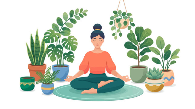 Woman meditating peacefully surrounded by lush green plants.