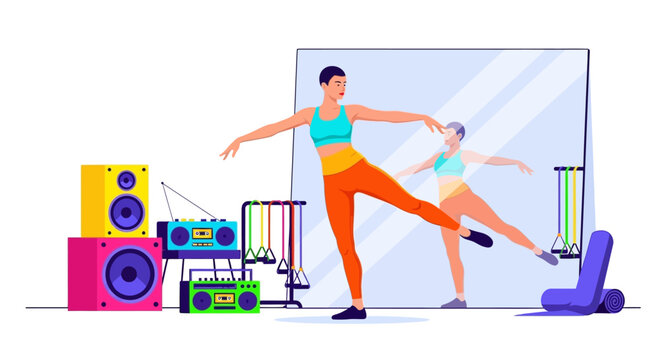 Woman dancing in studio with mirror and speakers.
