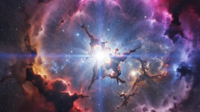 Bright star exploding in deep space nebula. Cosmic supernova event with expanding light and colorful interstellar gas clouds. Galactic evolution science concept.