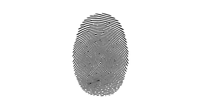 Close up of a black fingerprint graphic on a white background, identity concept