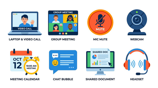 Remote team collaborating online using vector graphics and digital tools on laptop and devices for virtual meeting and communication.