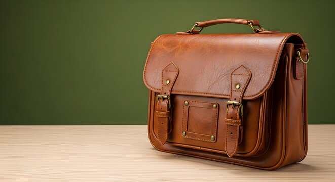 A classic, meticulously crafted, vintage-inspired brown leather satchel bag with elegant brass buckles and a sturdy handle, resting on a light wooden table against a dark green backdrop, offers timele