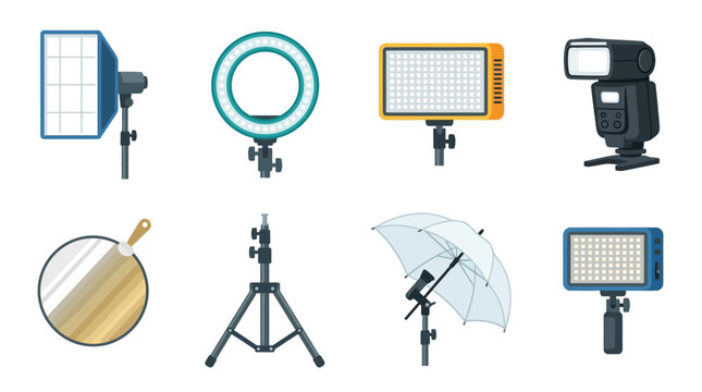 A vector graphic illustration of various studio lighting equipment and reflectors on stands and tripods.