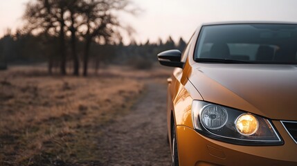 Fototapeta premium Orange car parked on a dirt road in a natural landscape at dusk