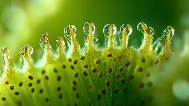 Delicate dewdrops cling to the tips of a lush green plant, creating a captivating scene filled with vibrant natural colors. Morning light enhances the serene beauty of this moment
