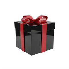 Obraz premium Elegant black gift box with red satin ribbon isolated on transparent background