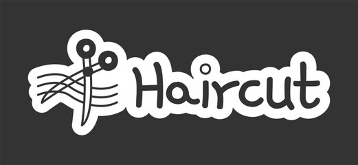 Naklejka premium Haircut black and white line drawing sticker. Hair styling appointment. Barber salon visit. Doodle outline illustration isolated. Minimal planner icon label design. Monochrome printable clipart