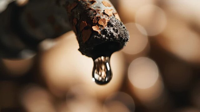 Rusty faucet drips slowly with water droplets falling against a blurred background of warm lights.