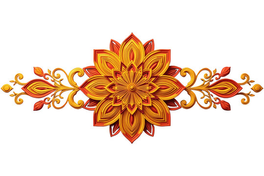 Ornate golden floral scroll border design with quilling effect, abstract mandala pattern, vibrant orange and red colors, transparent background
