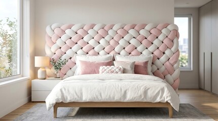 Fototapeta premium Bedroom interior featuring a large woven headboard with alternating pink and white fabric tubes and a wooden bed frame with white bedding and decorative pillows