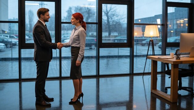 Shaking hands, man in suit and woman in skirt by glass windows beside desk with monitor