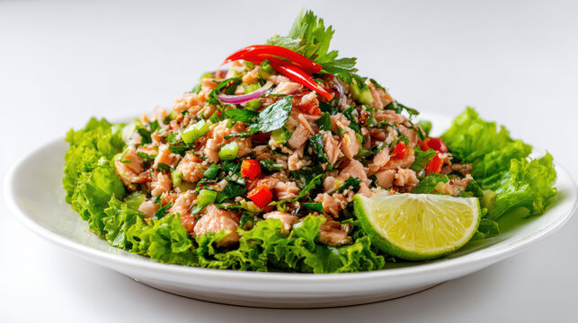 spicy salmon fish salad with thai herbs and spices