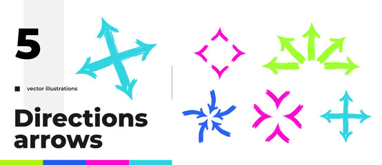 Fototapeta premium Multi direction multicolor bold thick stroke arrow set. Outward and inward flows. Expressive doodle marker pointers isolated for highlighting and guiding. Grunge drawn design elements collection