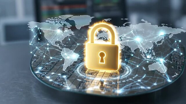 Cybersecurity AI Geopolitics Semiconductor Wars Resource Monopoly Digital Padlock Lock Over World Map Data Network Circuit Board Secure Infrastructure