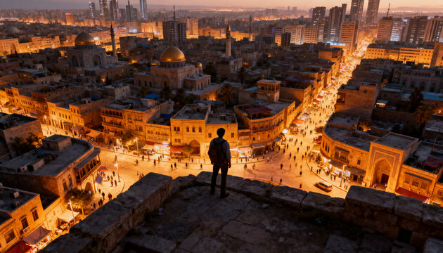 Standing man with backpack on rooftop ledge overlooking city at dusk with domes, minaret, lights