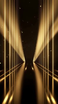 Luxury Golden Stage Light Tunnel Animation, Elegant Award Ceremony Background, Glowing Celebration Event Hall Light Columns, Vertical Video