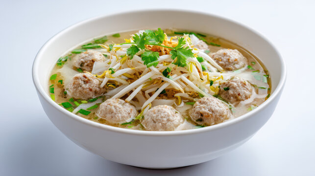 transparent kuay teow nam - thai noodle soup with pork and herbs