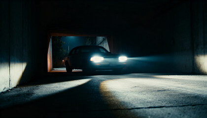 Fototapeta premium Emitting bright beams, dark sedan illuminating concrete underpass at night with shiny asphalt