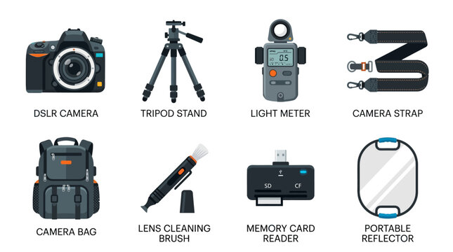 Photography equipment vector illustration including DSLR camera, tripod stand, light meter, and accessories on a clean white background for industry professionals.