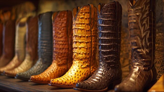 Row of cowboy boots variety of leather textures and colors displayed