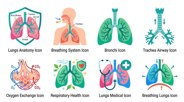 A vector illustration of various lungs anatomy icons and breathing system vector graphics in a medical context for health and respiratory education purposes