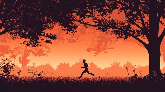 A figure runs swiftly through tall grass, framed by trees as the sun sets in vibrant oranges and reds. The scene reflects energy and tranquility in nature's embrace