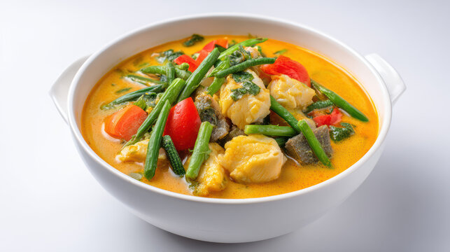 transparent gaeng som thai sour curry fish and vegetables