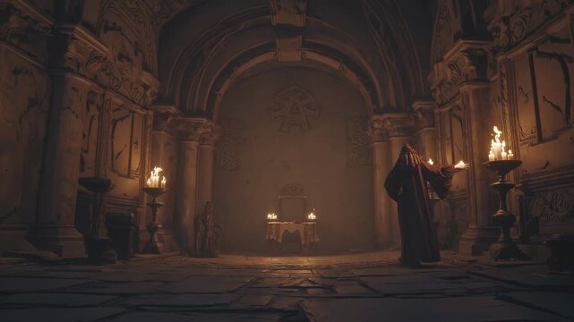 figure in robe stands near altar and candle. torch lights arch and pillar within stone architecture. silhouette in shadow completes dim interior atmosphere. vaulted ceiling and masonry add depth.