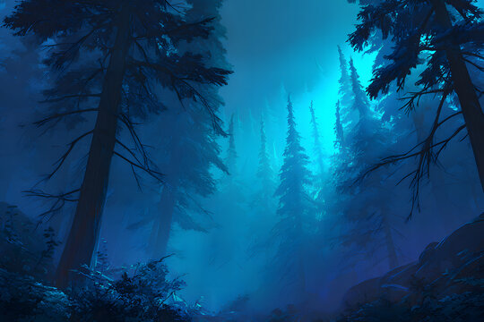 Pine Forest with Ethereal Blue Light