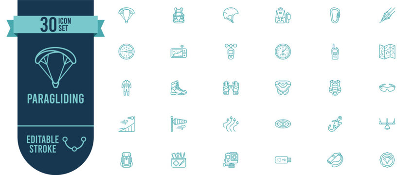 Paragliding 30 Line Icons Set with Editable Stroke - Aerial Sport and Gliding Adventure Vector Symbols for Paraglider and Extreme Sport