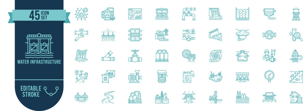 Water Infrastructure 45 Line Icons Set with Editable Stroke - Water Supply and Irrigation System Vector Symbols for Engineering and Urban Planning