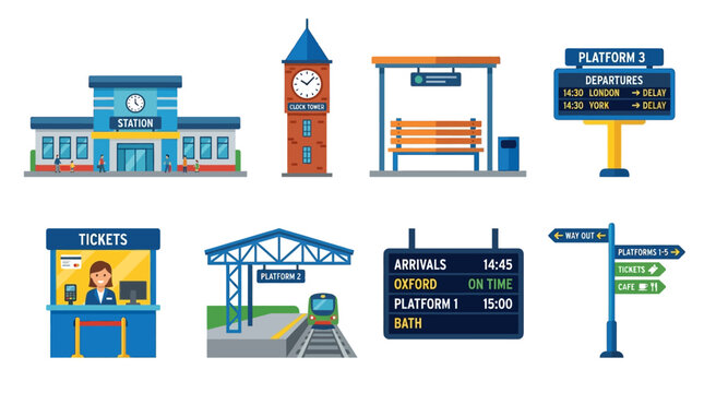 Vector illustration of a train station with various elements including a clock tower, ticket booth, and platform signs in a vector graphic style.