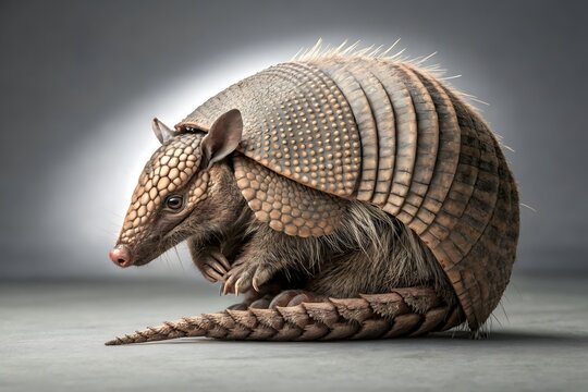 Southern three-banded armadillo curled defensively
