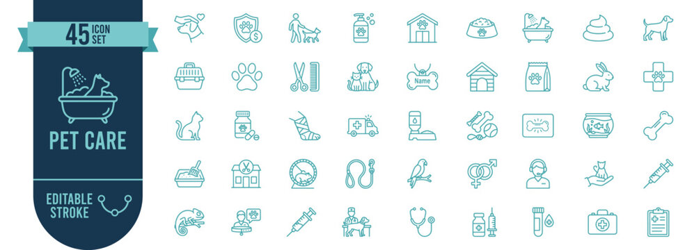 Pet Care 45 Line Icons Set with Editable Stroke - Veterinary and Animal Care Equipment Vector Symbols for Pet Shop and Clinic

