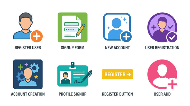 Vector icons of people registering and signing up for accounts with various buttons and forms online.