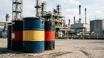 Obraz premium Colorful metal barrels near oil refinery plant. Storage containers for petroleum product at industrial oil facility. Fuel supply and energy industry concept. Logistics of raw material.