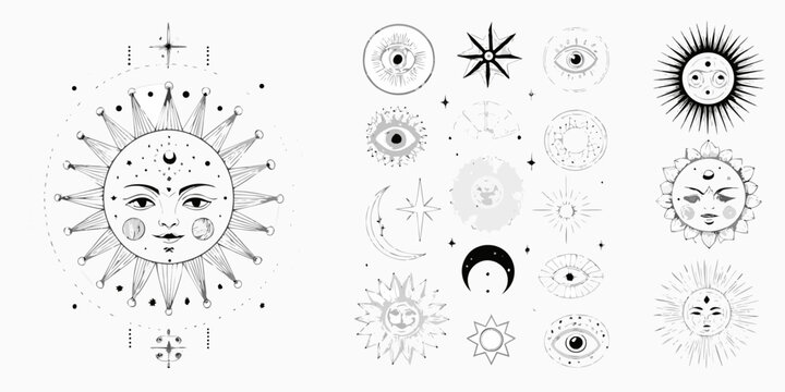 Celestial faces and suns a collection of ornate black and white drawings