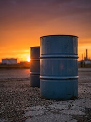 Obraz premium Steel oil drum standing on gravel ground against sunset. Industrial container for storage of chemicals and fuel. Energy resource sector, petroleum industry and manufacturing concept.
