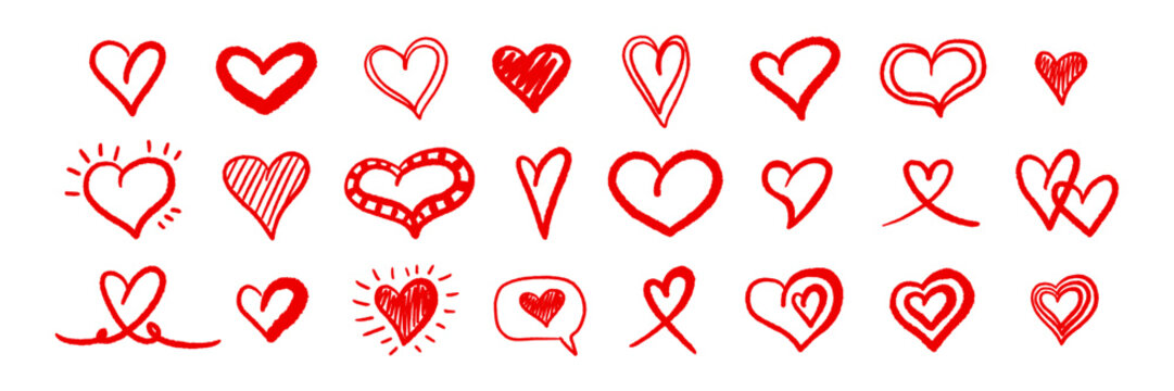 Hand drawn red heart doodles collection. Cute sketchy love icon with rough textures. Perfect for Valentine's Day card, romantic design, or playful wedding invitation. Vector hand drawn pencil set