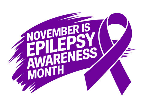 A purple awareness ribbon with text reading November is Epilepsy Awareness Month