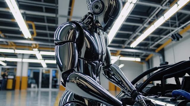 robot inspects motorcycle wheel in workshop. automation and technology integrate with engineering and maintenance. manufacturing process drives innovation. prototype sensor actuator with chrome.