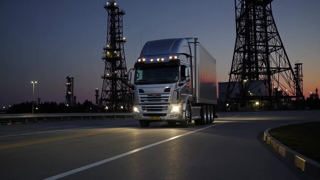 truck with headlight on moves along road. trailer and cab travel together. freight and logistics and transport operations pass by industrial refinery. tower and pipe silhouette punctuate dusk skyline.