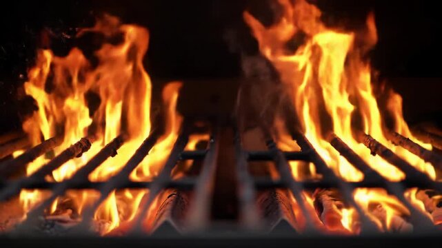 Close-up low-angle video of vibrant orange and yellow flames rising from below hot cast-iron barbecue grill grates, with glowing embers, smoke, soft bokeh. Concept of culinary anticipation