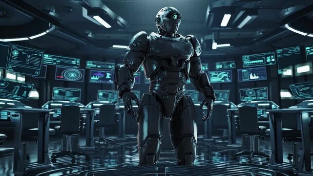 robot android and cyborg in control center with monitor array. technology console and dashboard line lab station. metal chassis and sensor network power system. automation drives platform analytics.