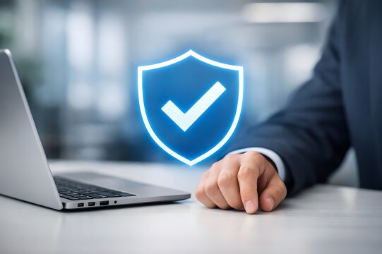 Businessman at desk with shield check mark icon representing successful security implementation