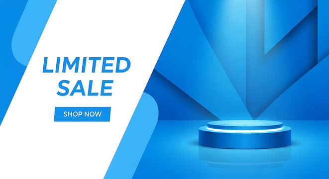 A blue and white advertisement for a limited sale with a podium and shop now button