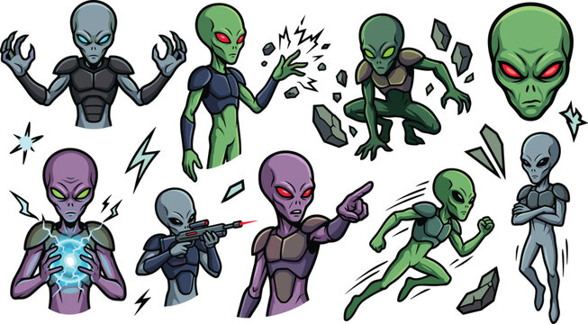 Alien Characters with Superpowers in Various Poses, Using Energy, Telekinesis, and Weapons for Sci-Fi, Fantasy, and Comic Designs