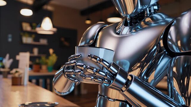 robot and android hold coffee cup in cafe setting. metal hand rests on countertop near tableware. service technology concept in modern interior with steel finish and warm lighting with chrome trim.
